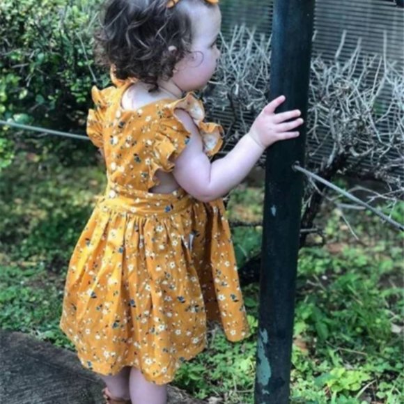 Mustard Dress Fall Thanksgiving Dress Floral Spring Easter Girl Outfit Clothes - Picture 3 of 4